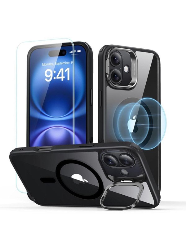 ESR Classic Hybrid Kickstand Halolock MagSafe iPhone 16 Plus + Tempered Glass Screen Protector - Black