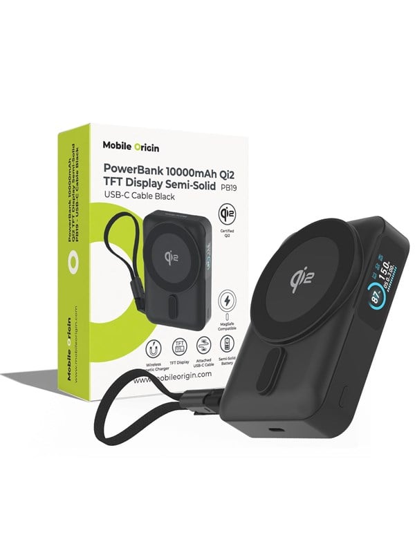 Mobile Origin PB19 Qi2 TFT Display Semi-solid Power Bank (w/ Built in USB-C cable) - Black - 10000 mAh - DKK 289 - Spar 37%