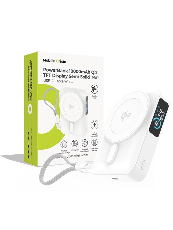 Mobile Origin PB19 Qi2 TFT Display Semi-solid Power Bank (w/ Built in USB-C cable) - White - 10000 mAh - DKK 289 - Spar 37%
