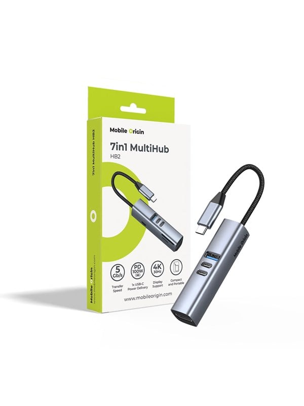 Mobile Origin HB2 7in1 USB-C MultiHub (3x USB-C + USB-A + HDMI + TF/SD Card reader) - Space Grey USB hub - DKK 109 - Spar 52%