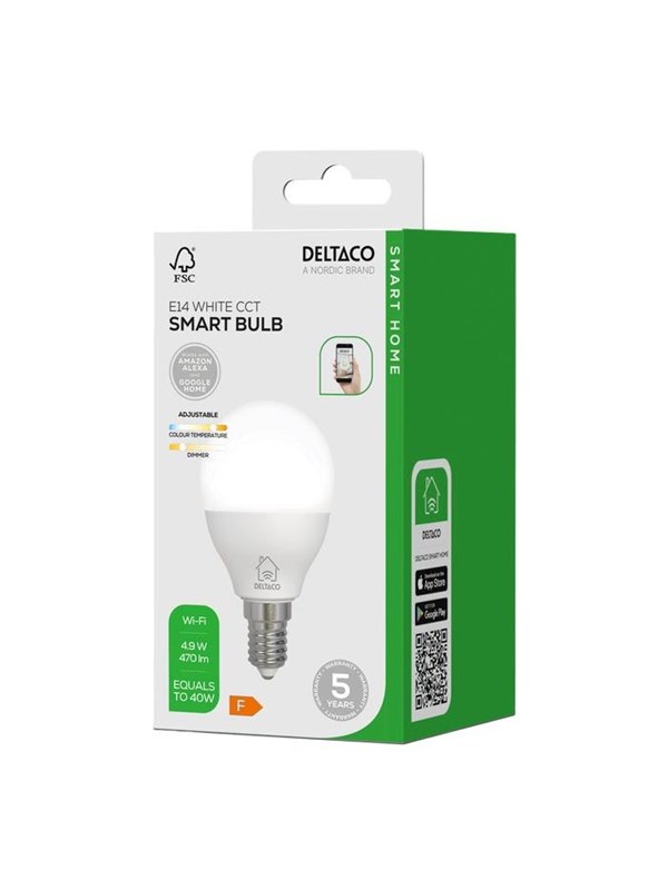Deltaco LED-pære, E14, dæmpbar, 2700K-6500K, G45, 4,9W, WiFi