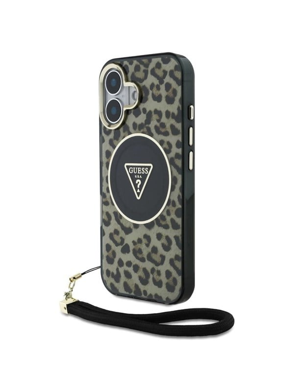 Etui Guess HC IML Leopard Triangle CordStrap do iPhone 16 MagSafe brazowy