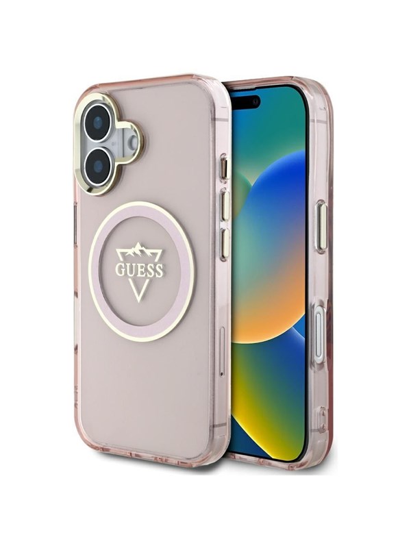 Guess Etui Guess IML Metal Mountain Logo MagSafe do iPhone 16 rózowy