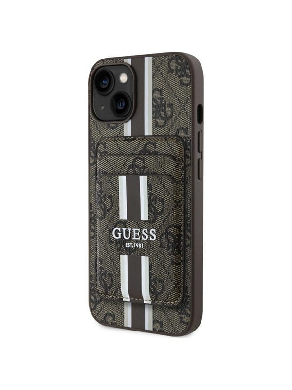 GUESS 4G Stripes case with Magsafe wallet for iPhone 15 brown