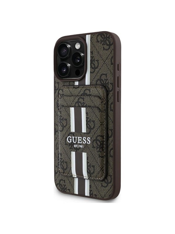 GUESS 4G Stripes case with Magsafe wallet for iPhone 16 Pro Max brown
