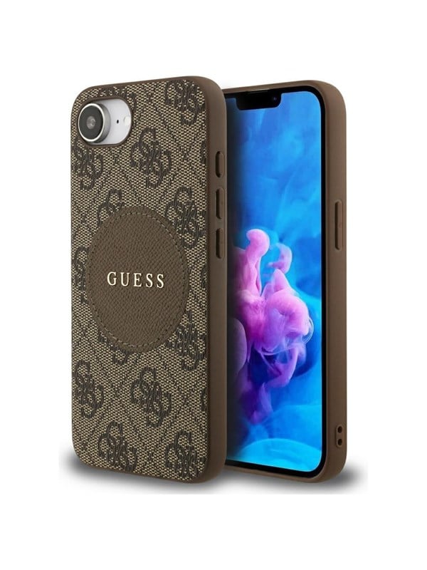 Guess Etui Guess 4G Circle Classic Logo MagSafe do iPhone 16e brazowy