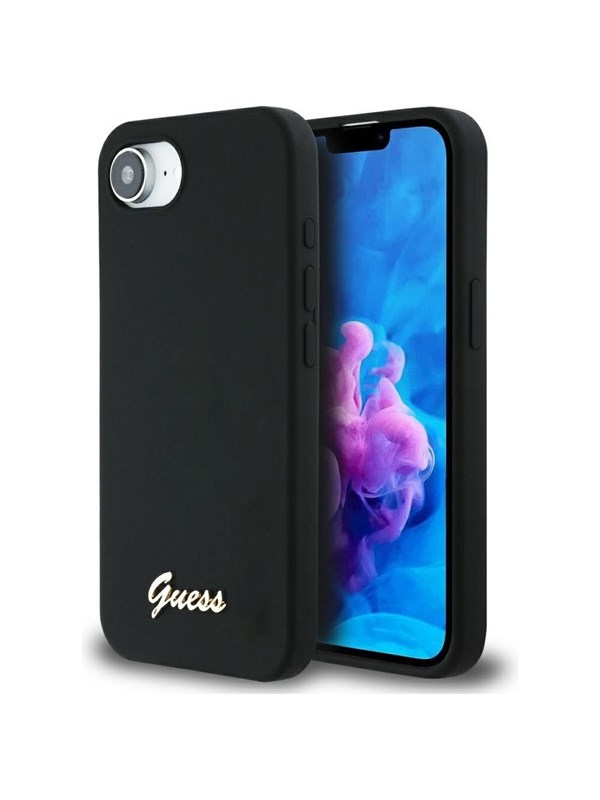 Guess Case Guess Silicone Script Metal Logo MagSafe for iPhone 16e black