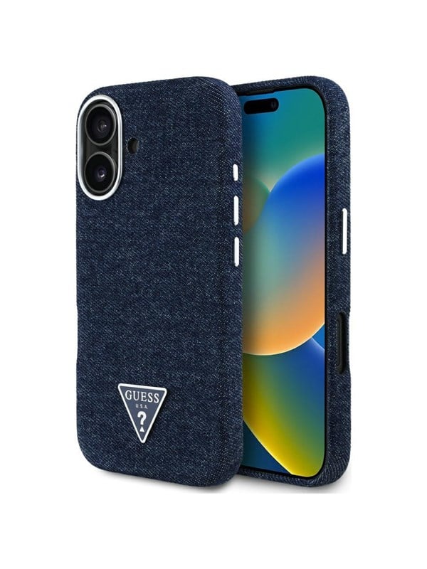 Etui Guess Denim Triangle Logo MagSafe do iPhone 16 niebieski