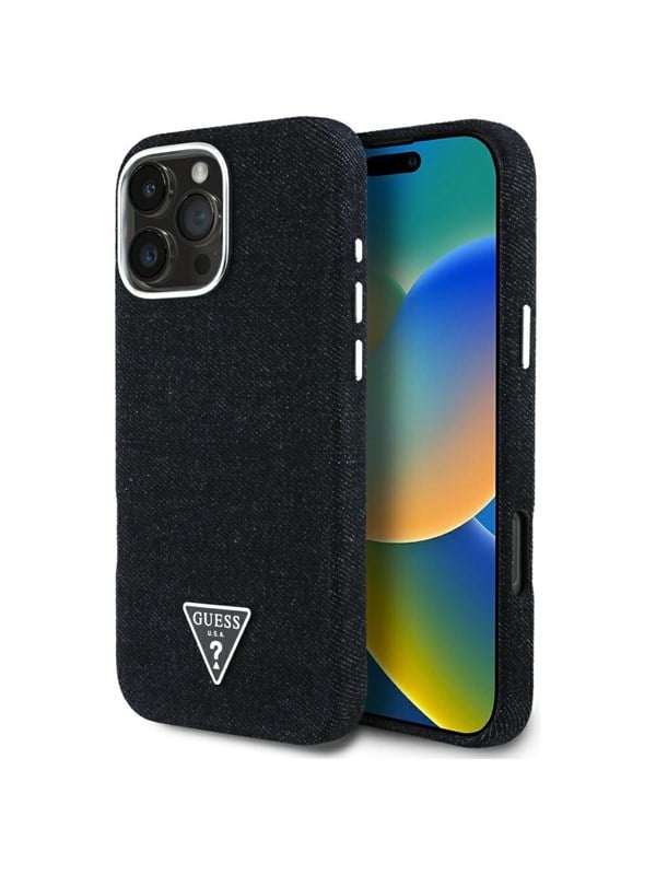 Etui Guess Denim Triangle Logo MagSafe do iPhone 16 Pro Max czarny