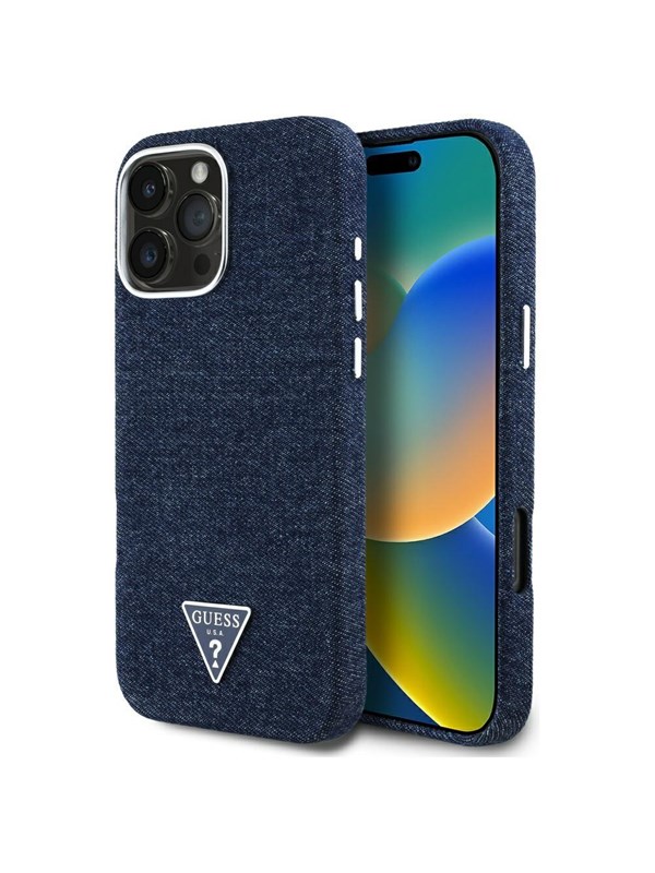 Etui Guess Denim Triangle Logo MagSafe do iPhone 16 Pro niebieski