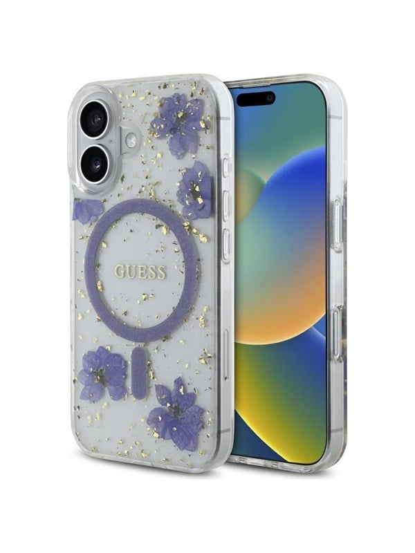 GUESS Resin Flowers Glitter MagSafe case for iPhone 16 - purple