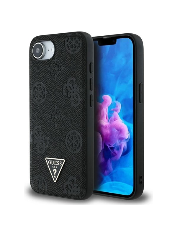 GUESS Grained Hot Stamp Peony Triangle Logo MagSafe Case for iPhone 16e - Black