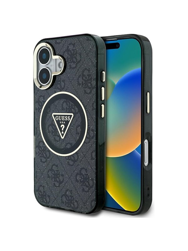 GUESS IML Metal Glitter 4G Circle Triangle MagSafe Case for iPhone 16 - Black