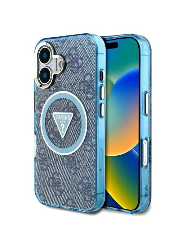Guess Case Guess IML Metal Glitter 4G Circle Triangle MagSafe for iPhone 16 blue