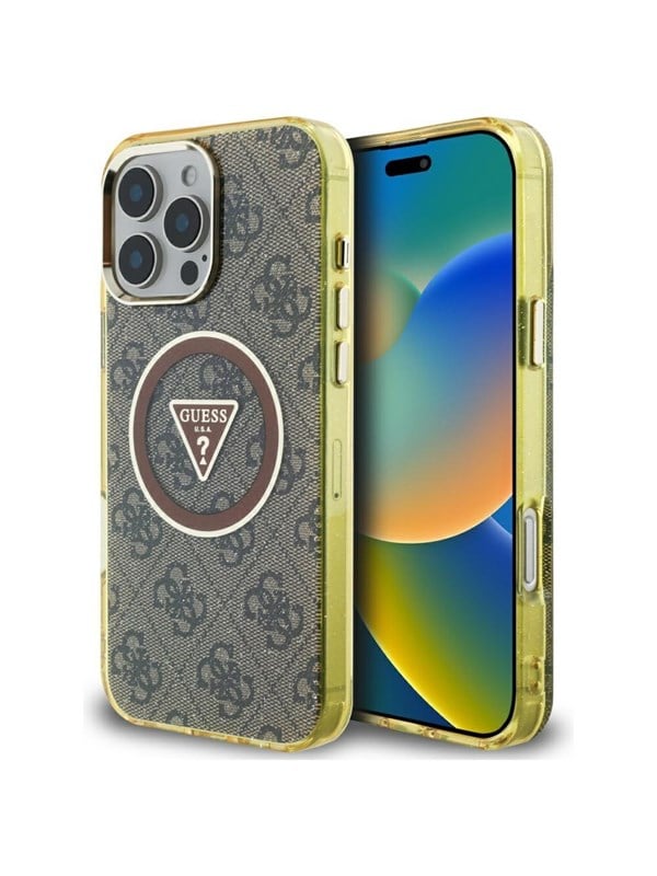 GUESS IML Metal Glitter 4G Circle Triangle MagSafe Case for iPhone 16 Pro Max - Brown