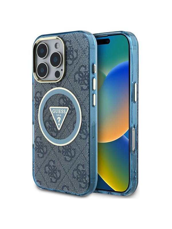 Guess Case Guess IML Metal Glitter 4G Circle Triangle MagSafe for iPhone 16 Pro Max blue