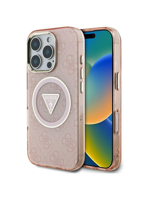 Guess Case Guess IML Metal Glitter 4G Circle Triangle MagSafe for iPhone 16 Pro Max pink
