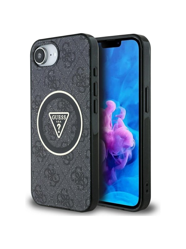 GUESS IML Metal Glitter 4G Circle Triangle MagSafe Case for iPhone 16e - Black