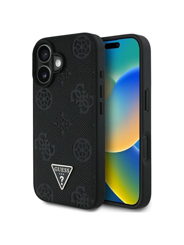 Guess Case Guess Grained Hot Stamp Peony Triangle Logo MagSafe for iPhone 16 black