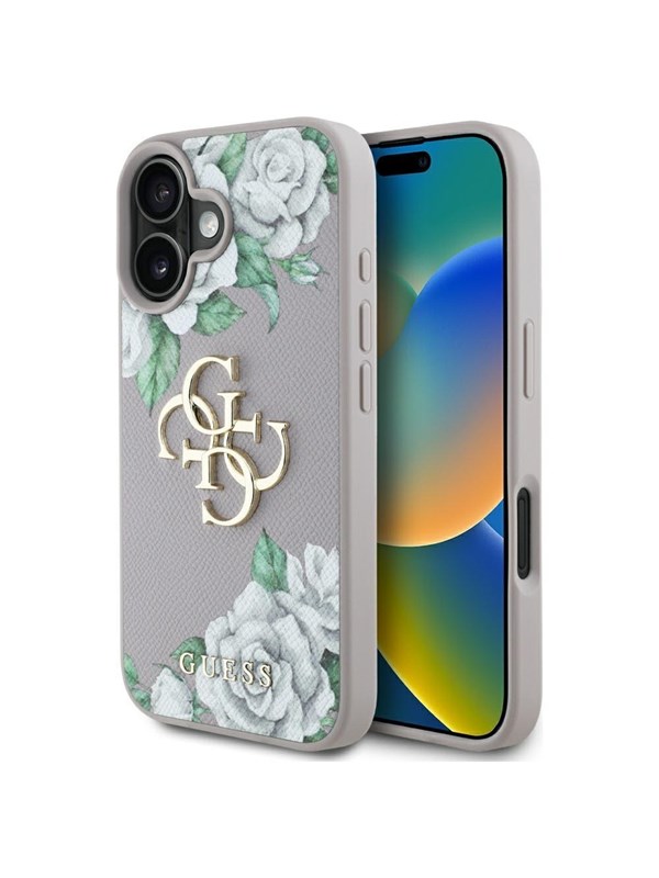 Etui Guess Grained Roses Big 4G logo doiPhone 16 fioletowy