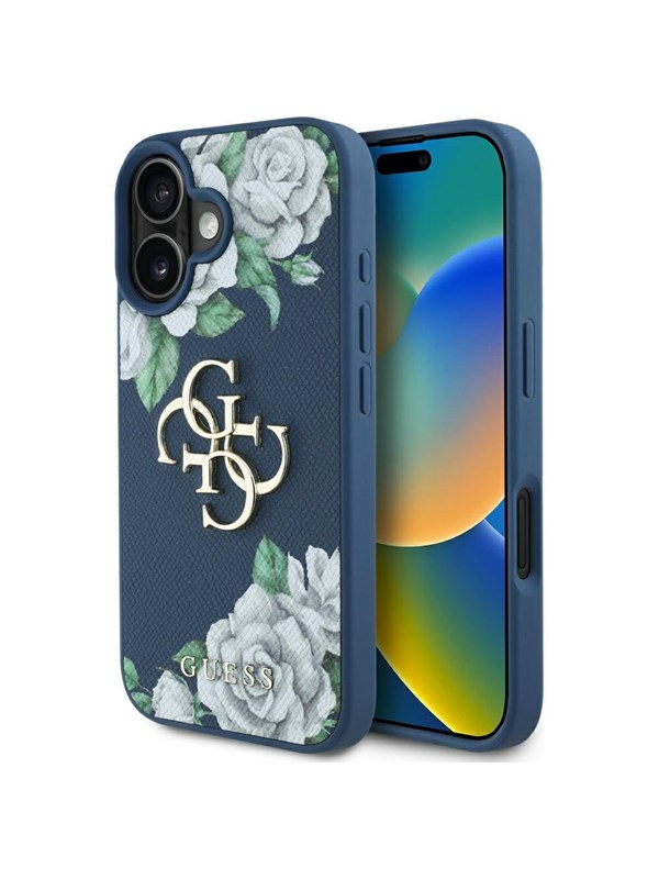 Etui Guess Grained Roses Big 4G logo doiPhone 16 niebieski