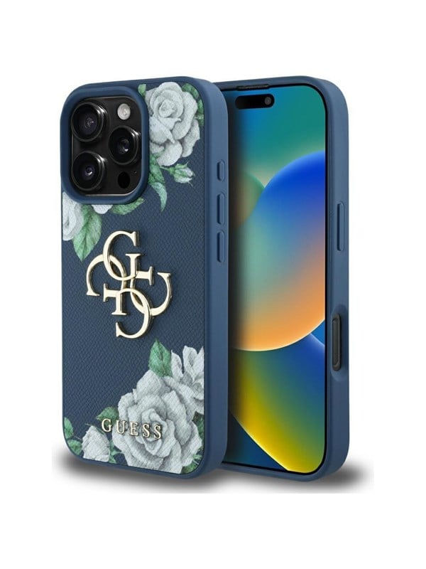Etui Guess Grained Roses Big 4G logo doiPhone 16 Pro niebieski