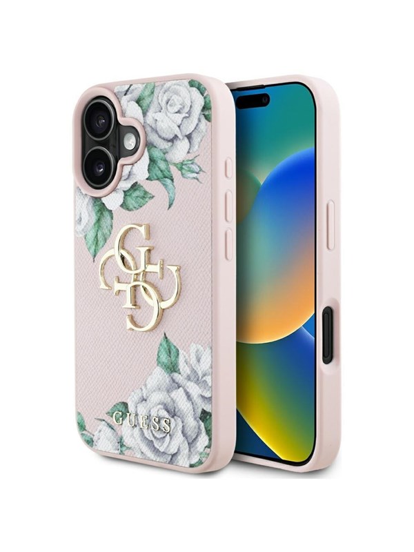 Etui Guess Grained Roses Big 4G logo doiPhone 16 rózowy