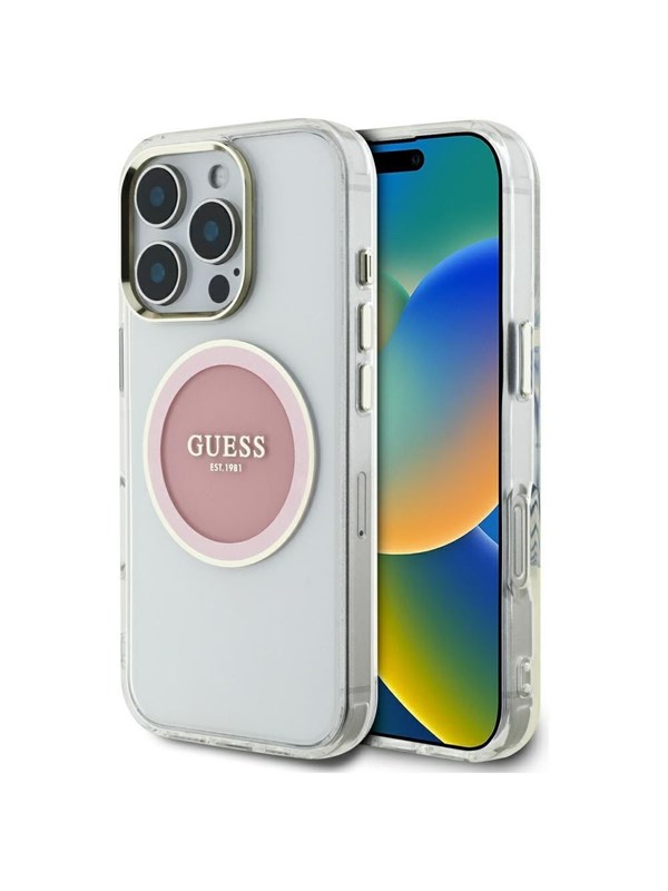 Guess Case Guess IML Metal Colored Circle Classic Logo MagSafe for iPhone 16 Pro Max pink