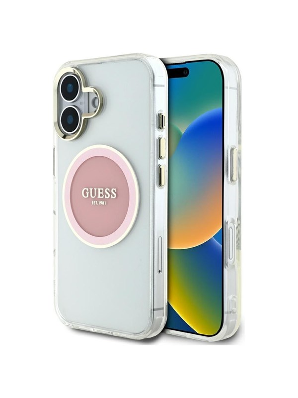 Guess Case Guess IML Metal Colored Circle Classic Logo MagSafe for iPhone 16 pink