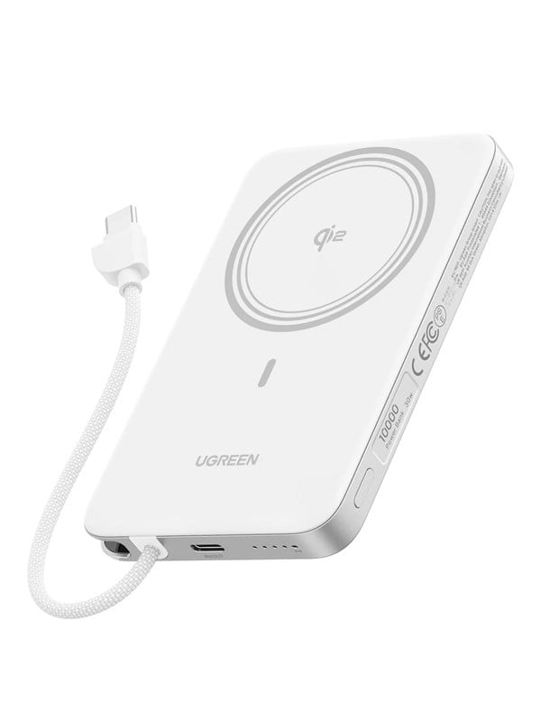 UGREEN MagFlow Air 30W Magnetic Wireless Power Bank with built-in USB-C cable - White - 10000 mAh