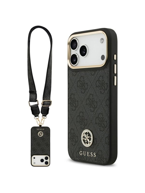GUESS 4G Srtass Logo & Big Strap Metal Buttons MagSafe Case for iPhone 17 Pro Max - Black