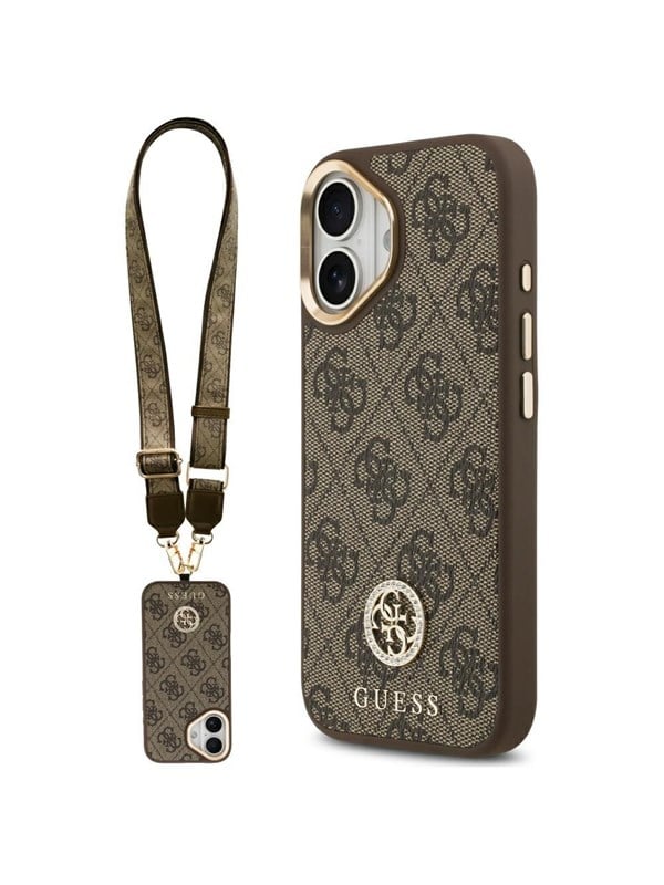 GUESS 4G Strass Logo & Big Strap Metal Buttons MagSafe Case for iPhone 17 - Brown