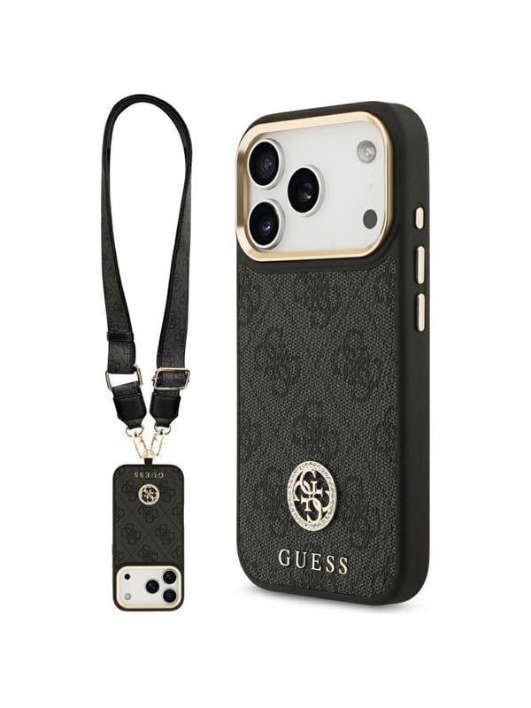 GUESS 4G Strass Logo & Big Strap Metal Buttons MagSafe Case for iPhone 17 Pro - Black