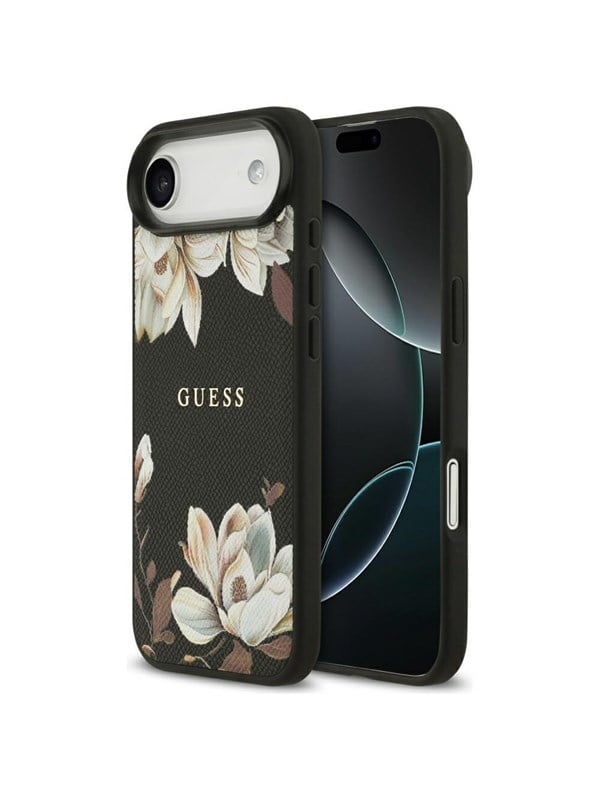 GUESS Grained Flowers Classic Logo MagSafe case for iPhone Air - black