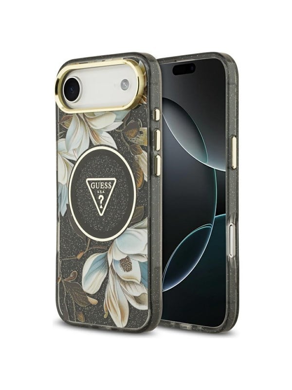 GUESS IML Glitter Flowers Triangle MagSafe case for iPhone Air - black