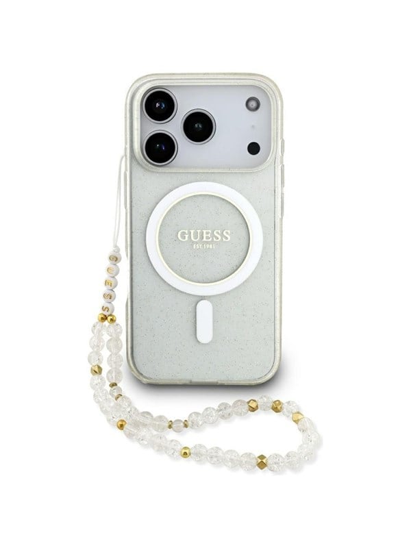 Etui Guess IML Glitter Pearl Strap MagSafe do iPhone 17 Pro przezroczysty