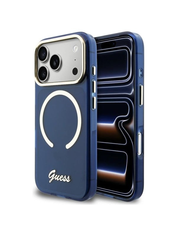 Etui Guess IML Script Metal MagSafe do iPhone 17 Pro niebieski