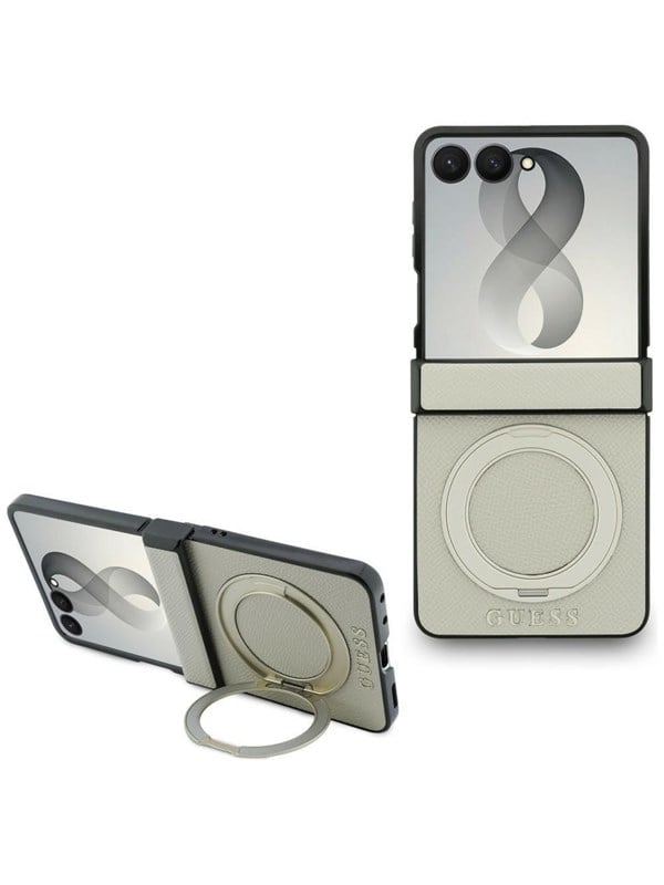 GUESS Magnetic Ring Stand Grained Classic Logo MagSafe case for Samsung Galaxy Z Flip 8 - beige