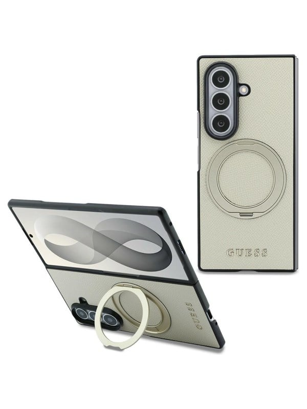 GUESS Magnetic Ring Stand Grained Classic Logo MagSafe case for Samsung Galaxy Z Fold 8 Ultra - beige