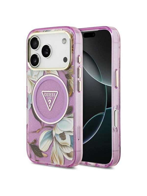 Etui Guess IML Glitter Flowers Triangle MagSafe do iPhone 18 Pro / 17 Pro fioletowy