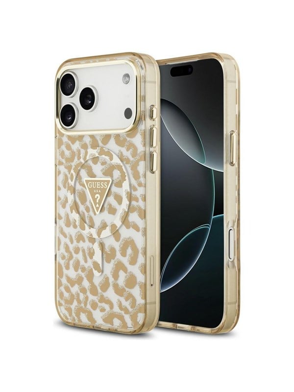 GUESS IML Leopard Glitter Triangle Logo MagSafe Case for iPhone 17 Pro / 18 Pro - Brown