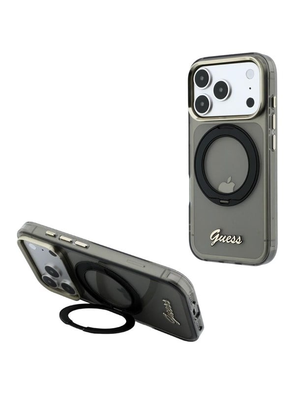 Etui Guess IML Ring Stand 360 Script Metal Logo MagSafe na iPhone 17 Pro Max / 18 Pro Max - czarne