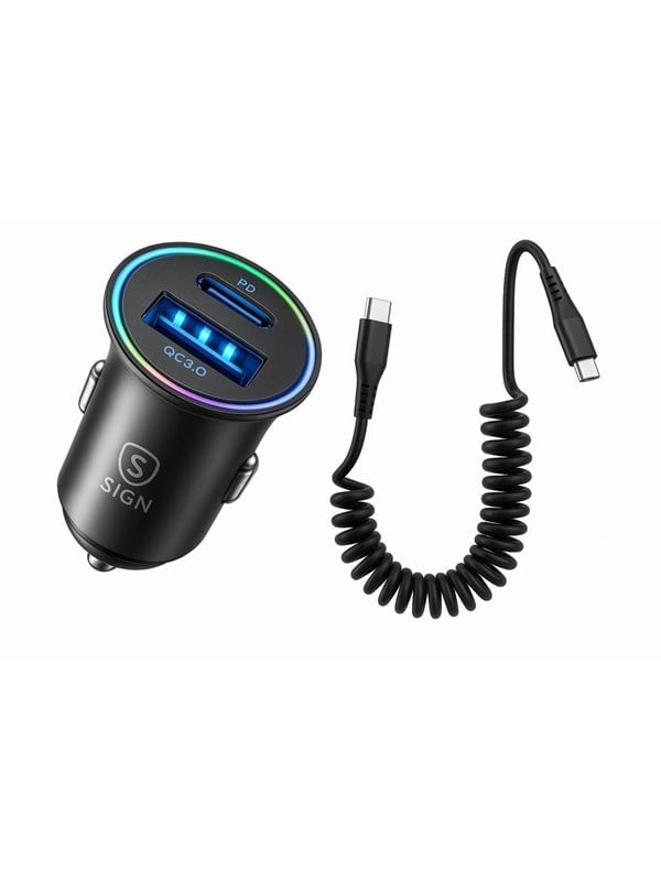SiGN 60W Car Charger with Coiled USB-C to USB-C Ca