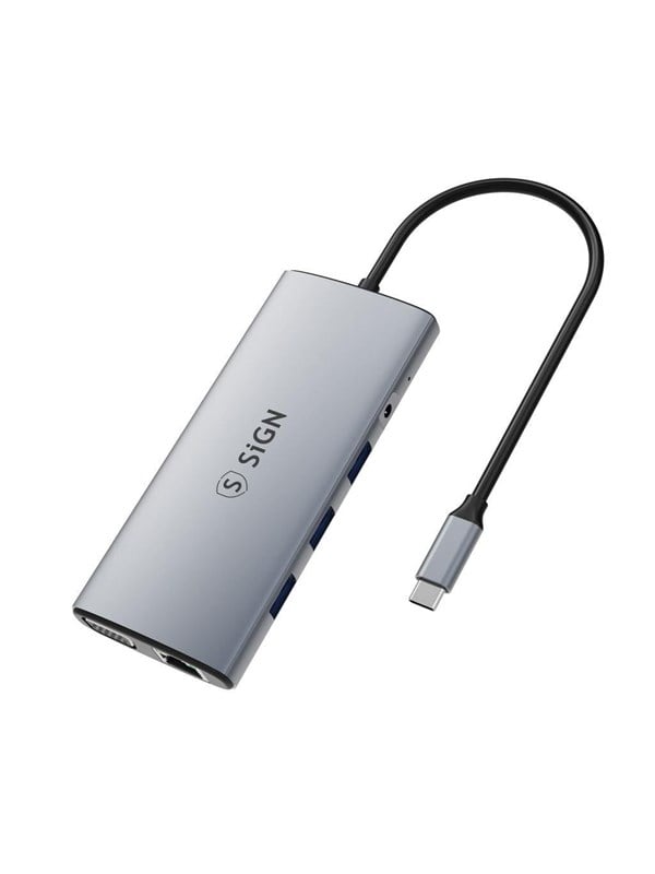 SiGN 11-in-1 hub USB-C to HDMI/VGA/RJ45/USB-C/USB-A/SD/TF/3.5mm - Silver USB hub