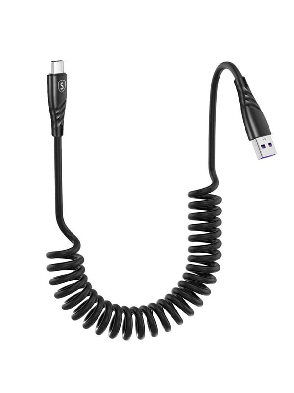SiGN 15W Coiled USB-A to USB-C Fast Charging Cable for Car - Black