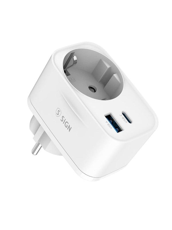 SiGN Wall adapter with power outlet and USB ports 20W - White