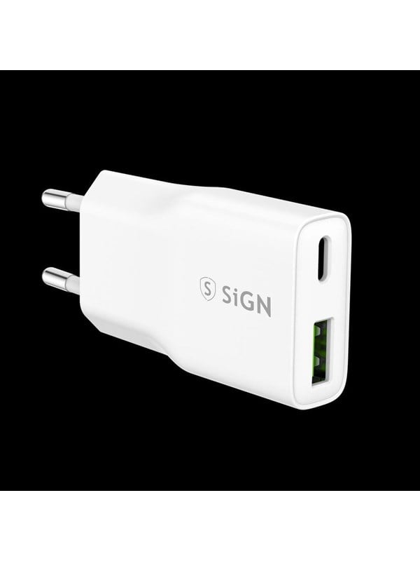 SiGN GaN Ultra Slim Fast Charger USB-A & USB-C - PD & QC3.0 - 3A - 20W - White