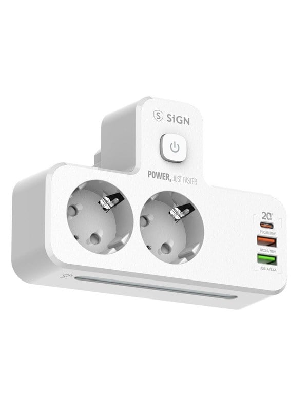 SiGN 20W Power Strip with LED Night Light - 2-way/2 xUSB-A/1x USB-C - White