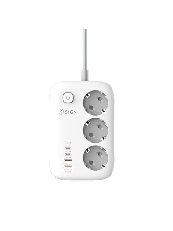 SiGN 65W GaN fast charging power strip 3-way/2x USB-A/2x USB-C - 2m - White