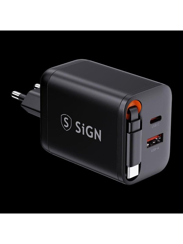 SiGN GaN Fast Charger USB-C/USB-A 40W with extendable USB-C cable - Black
